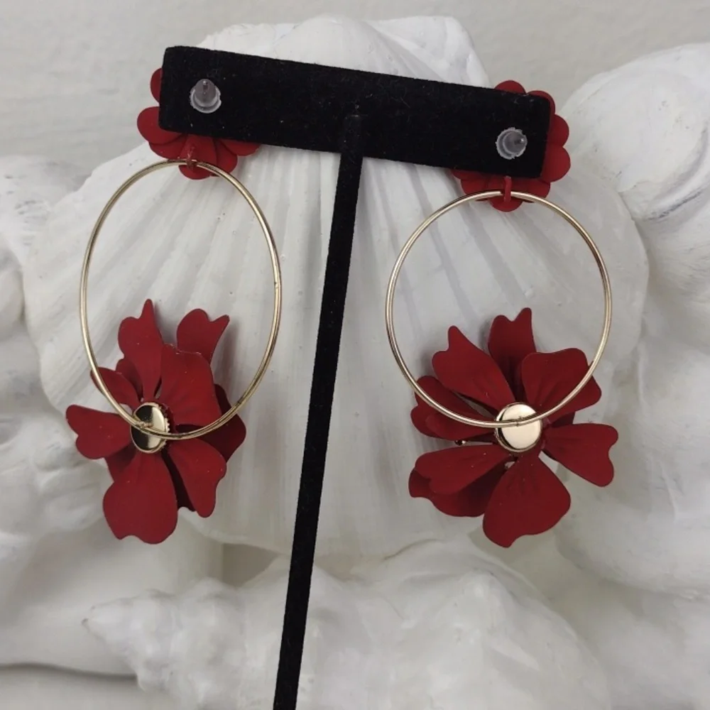 Red Flower Hoop Earrings bold red